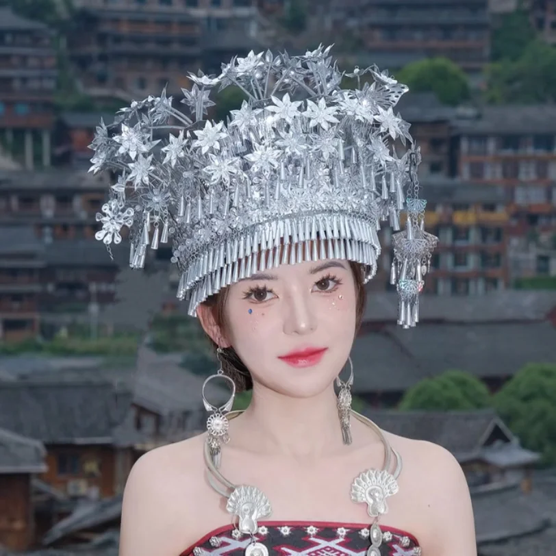 Minorit Miao Head Jewelry Head Props Guangxi Hat Alloy Metal Silver Color Headwear Large Head Jewelry Yunnan Headwear Jewelry