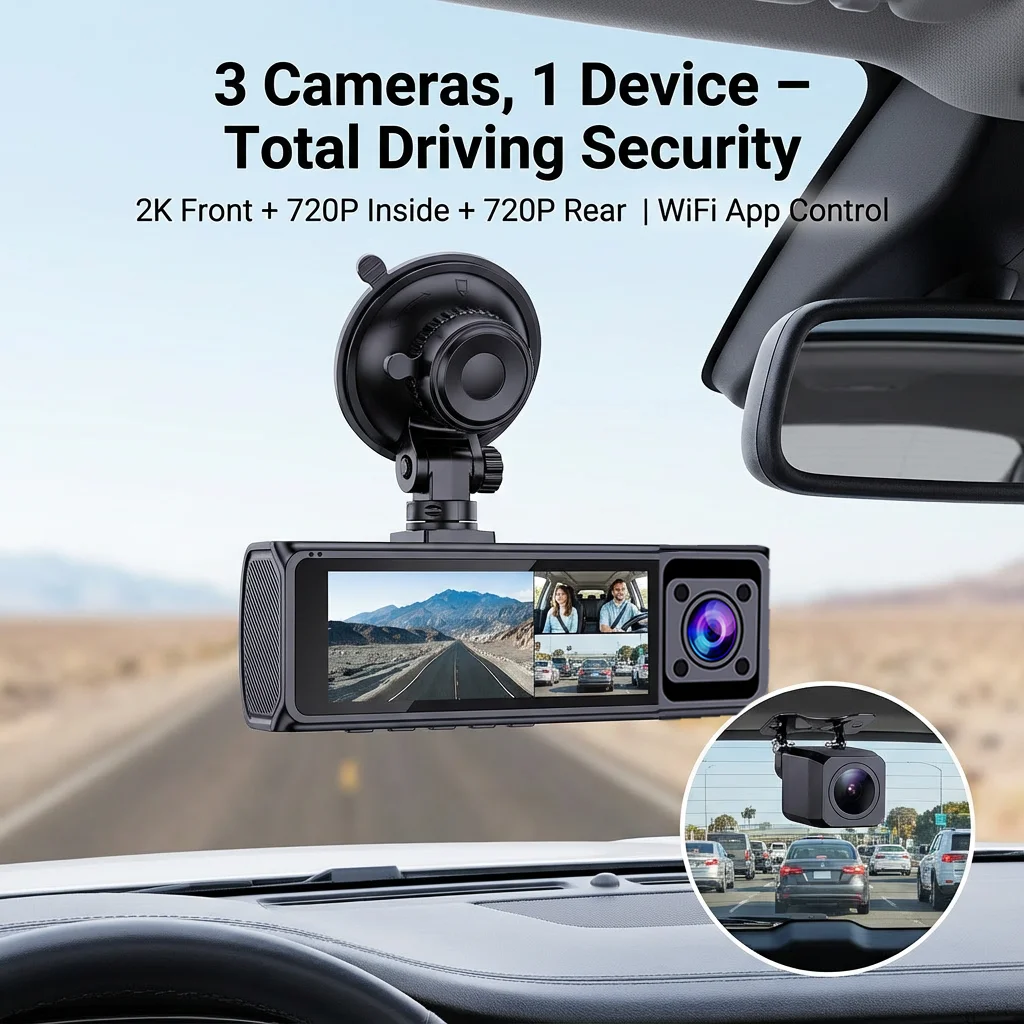 

3-камерный мини-видеорегистратор 2K для автомобиля (фронтальная, внутренняя, задняя камеры), с Wi-Fi, управлением через приложение, G-сенсором, циклической записью и поддержкой режима парковки 24 часа
