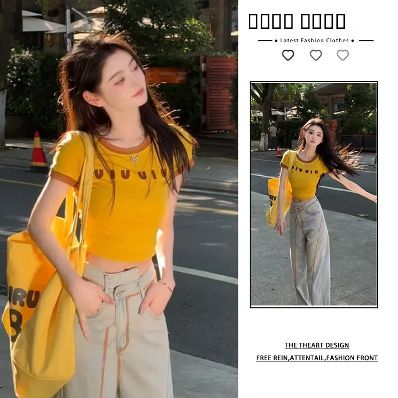 

Korean Sle Color Blo round Ne ort Sve T-irt And High Waist Jeans Women's Faion Set Summer Spring Collection