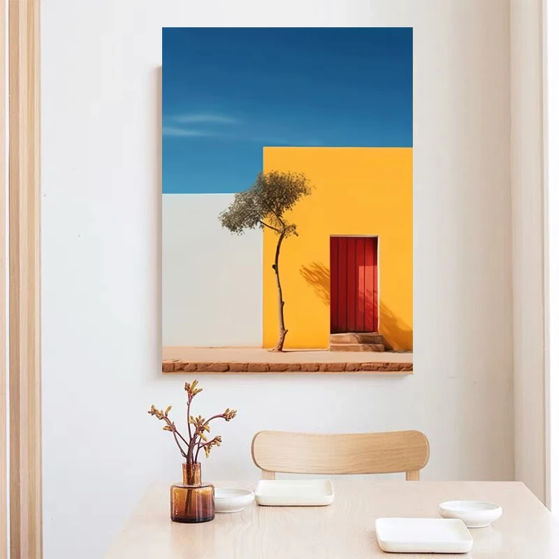 Abstract Red Door Yellow House Poster and Prints Lonely Tree Canvas Painting Wall Art Picture for Living Room Home Decor Cuadros