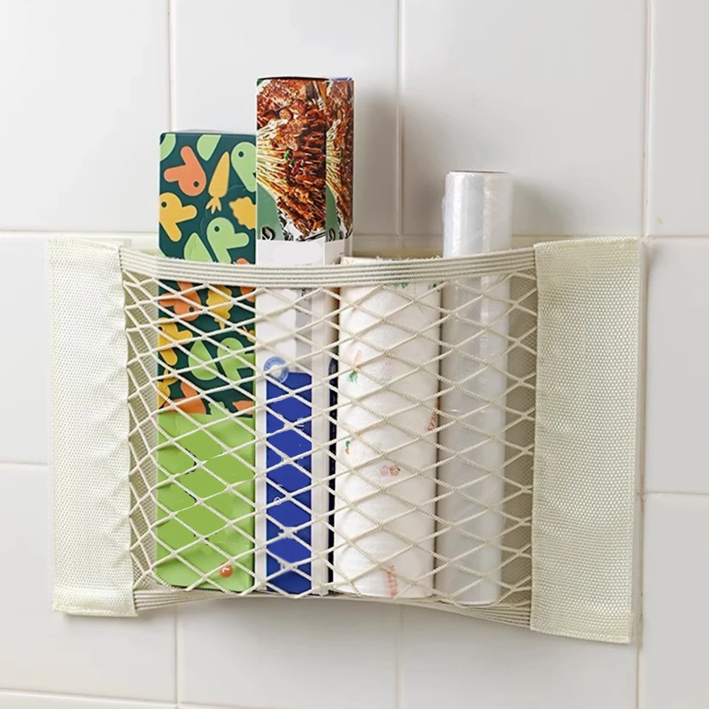 Large Capacity Wall-Mounted Storage Bag Mesh Kitchen Cabinet Garbage Bag Space-Saving Hanging Storage Bag Organizer Gray Beige