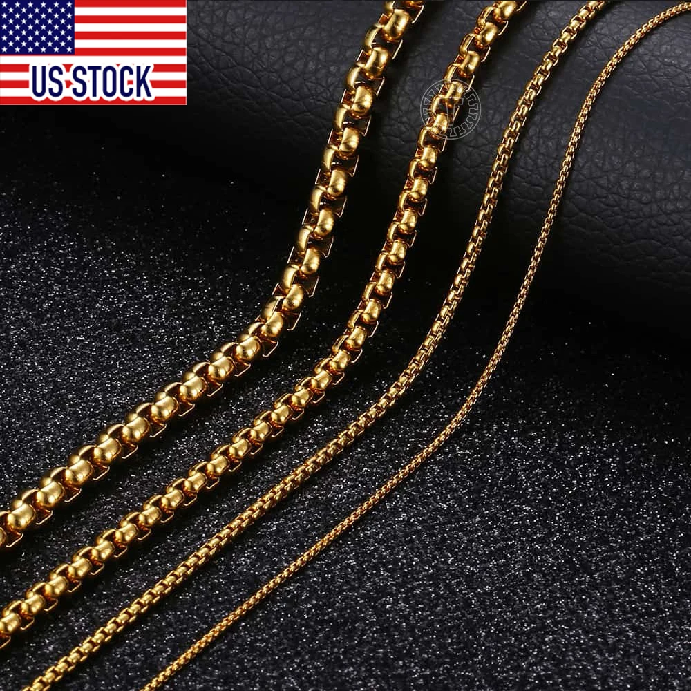 Davieslee Gold Color Round Box Link 2/3/4/5MM Thin Mens Boys Chain Womens Stainless Steel Necklace Wholesale Dropship DKNM128