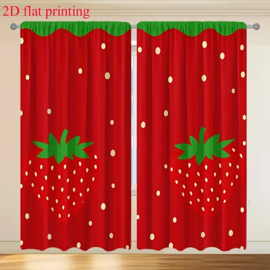 2 PCS Strawberry Fruit Curtains, Sweet Girlish Style Window Drapes for Living Room Bedroom Home Decor Polyester Rod Pocket