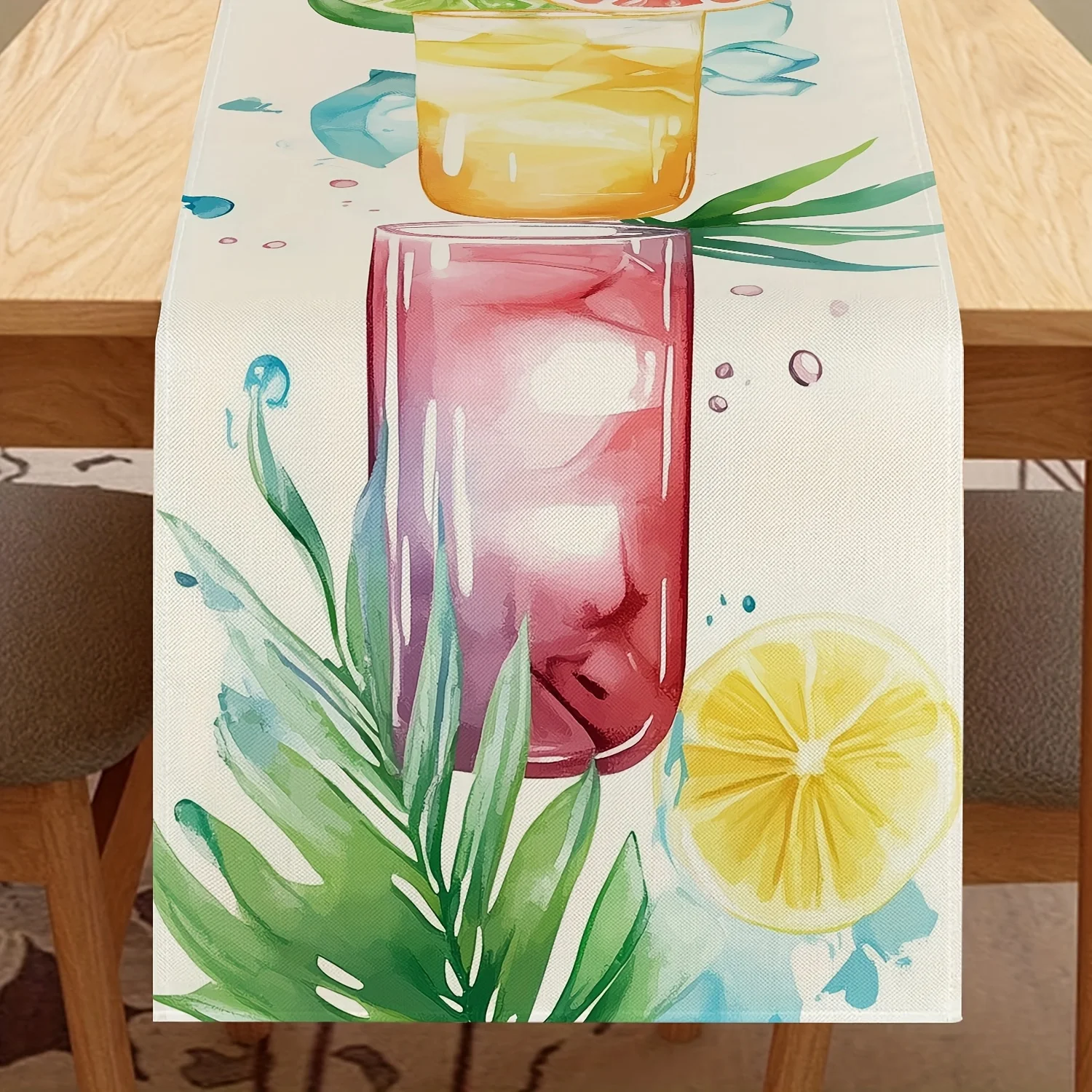 1 Piece Lemon, Palm Leaf, and Soda Water Design Table Runner, Suitable for Farmhouse, Indoor, Kitchen, Celebrations, Table Decoration, Restaurant, and Banquet Decoration Supplies