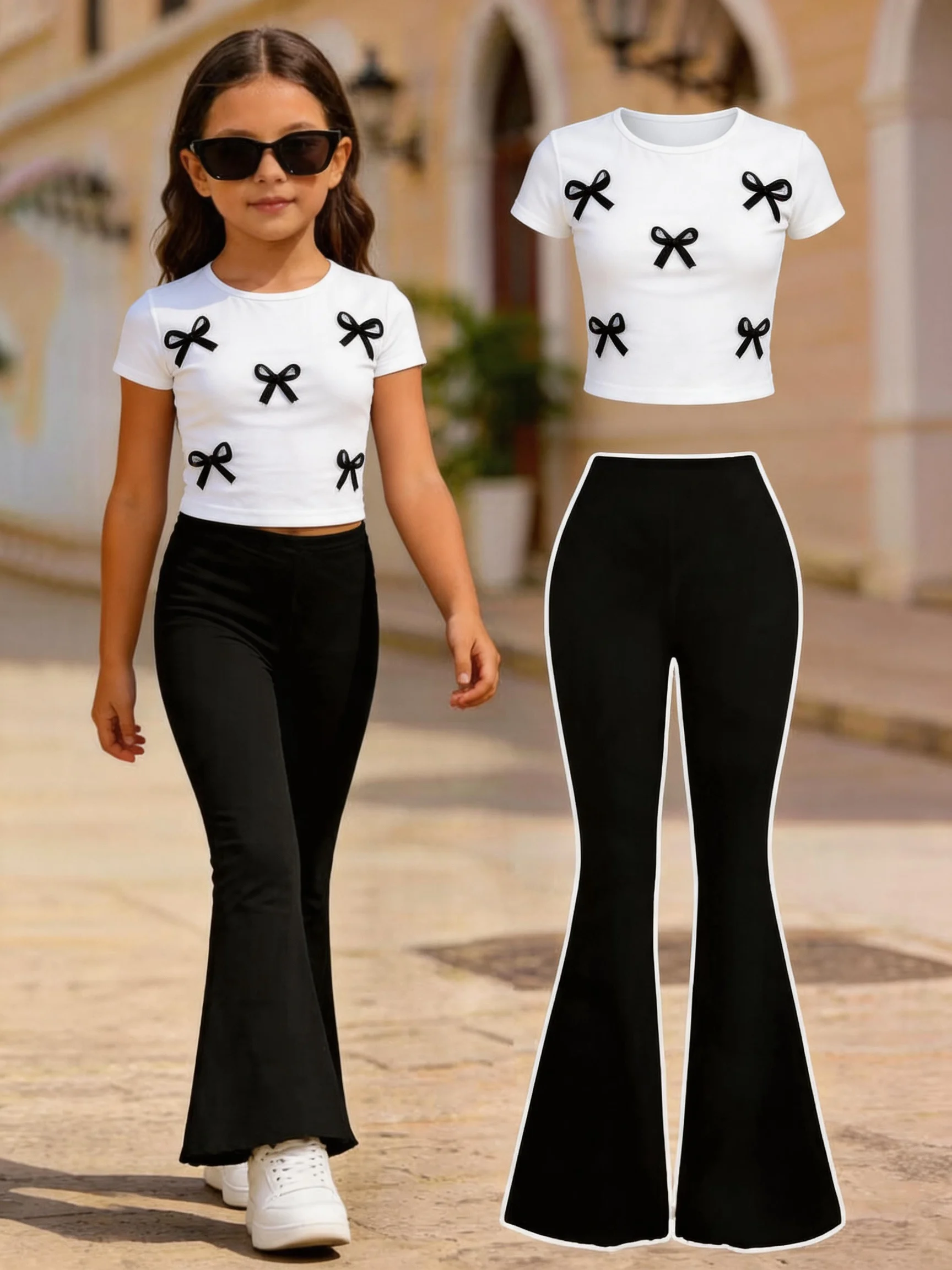 Girls' Wide-Leg Pants Set,2pc Coquette Bow Appliqué Outfit,Cropped Tee&Black Flare Pants,4th of July,Kids Clothes Girls,Teen Gir
