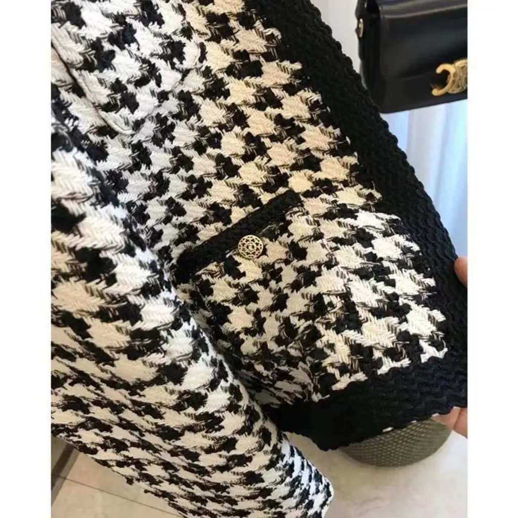 

New Autumn Fashion Houndstooth Short Outwear Women's Feminine Lady Top Versatile Fragrant Style Small Size