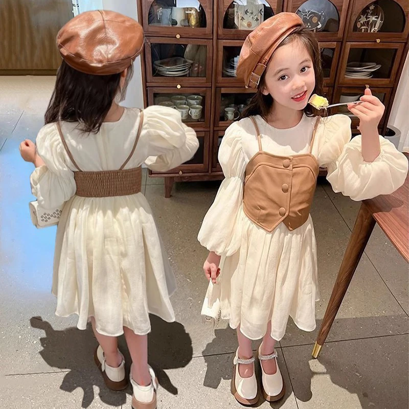 Chiffon Dress + PU Leather Vest 2Pcs Kids Girls Long Sleeve Princess Dress Spring Autumn Fashion New Casual Clothes  2-12 Years