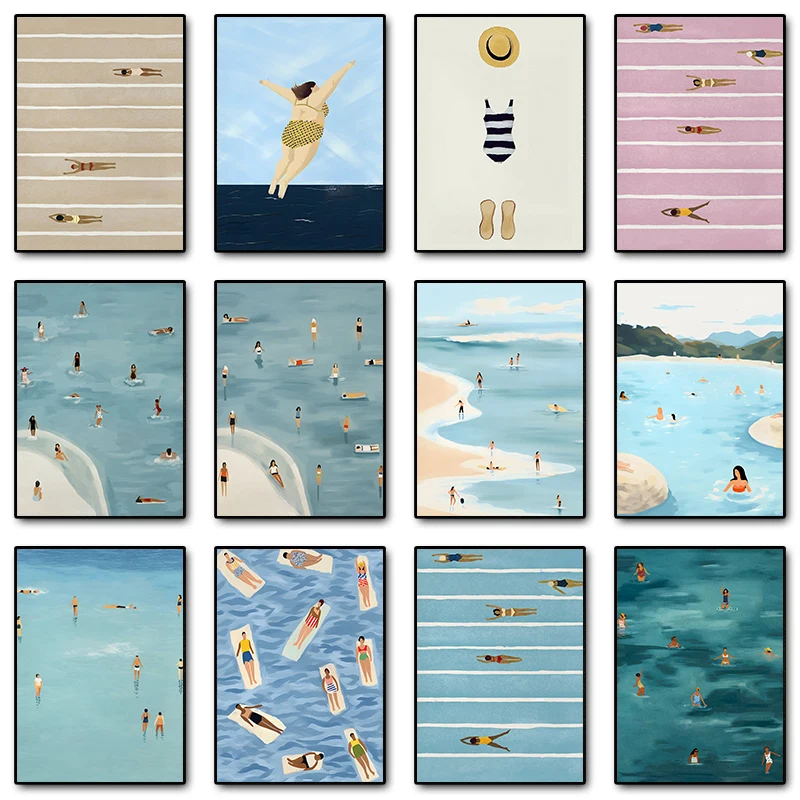 Beach Swimming Poster Swimming Pool Print Canvas Painting Nordic Modern Wall Art Picture for Living Room Home Decor Cuadros