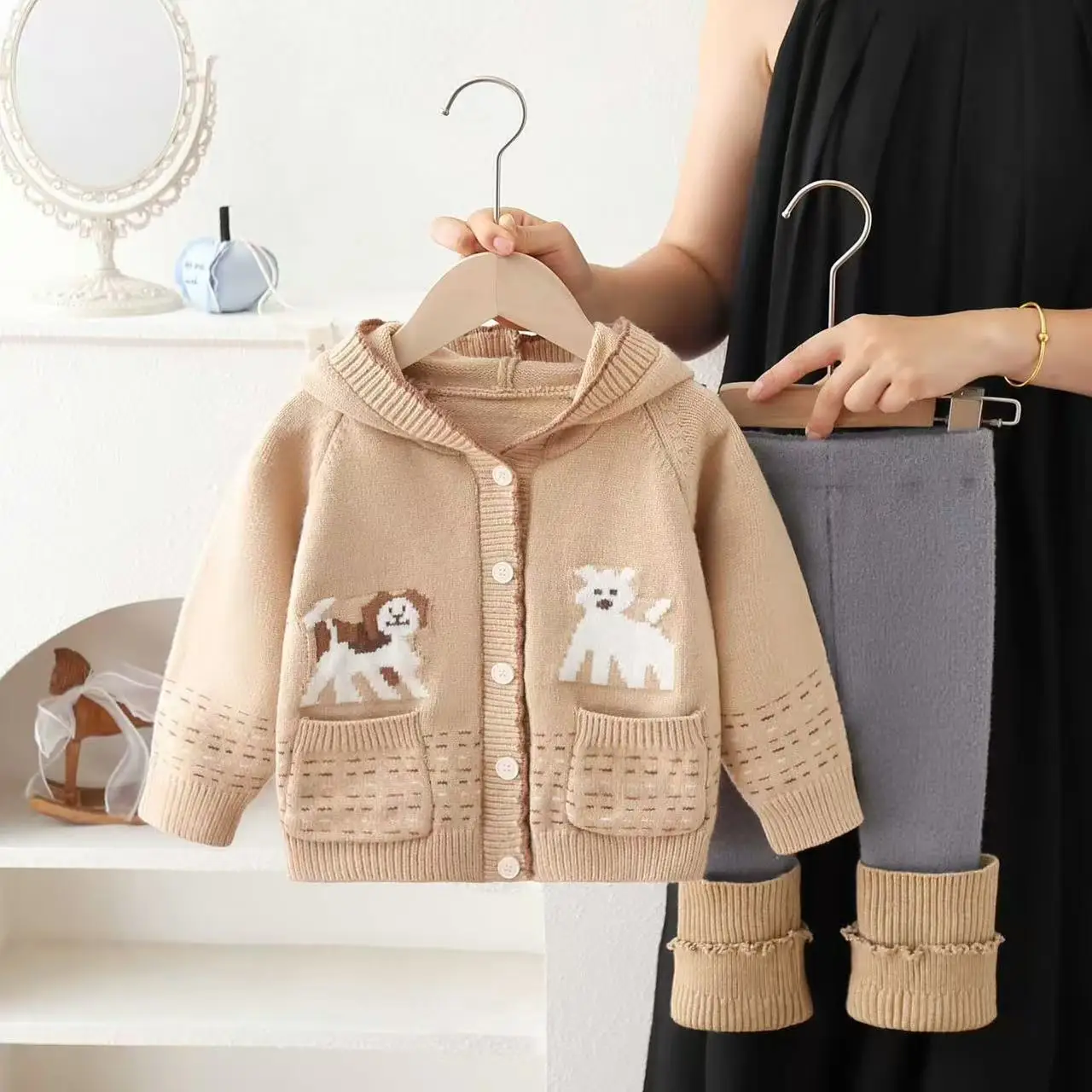 Autumn Winter Girls Cartoon Knit Cardigan Trendy Stylish Long Sleeve Top 2PCS Outfit For Toddler Baby Girls