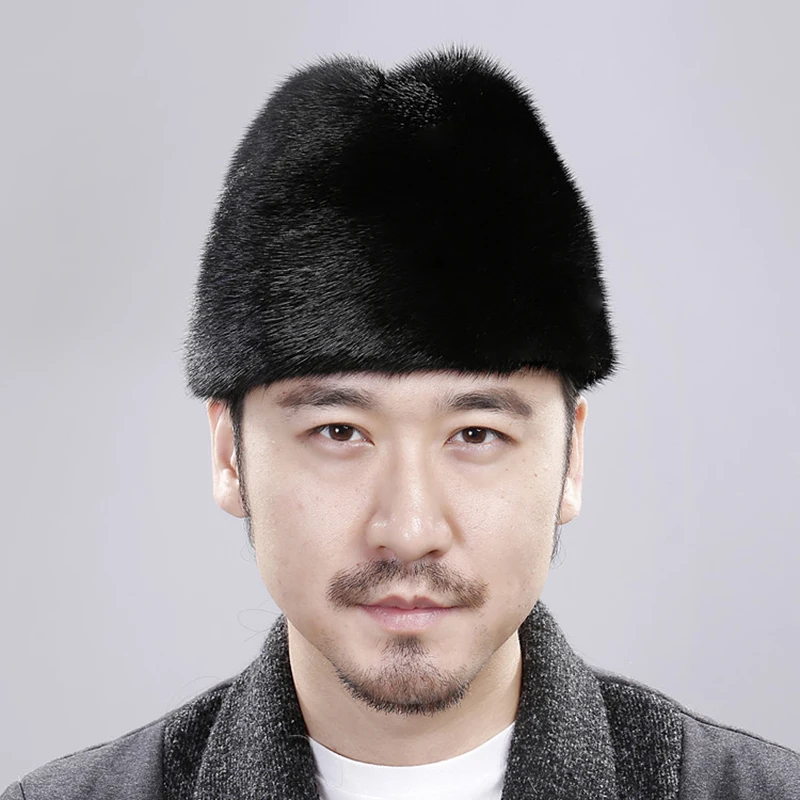 2024 Hot Sale Winter Man Top Real Mink Fur Bomber Hat Male Genuine Marten Head Warm Black/Brown Caps Best Gift For Dad Gorras