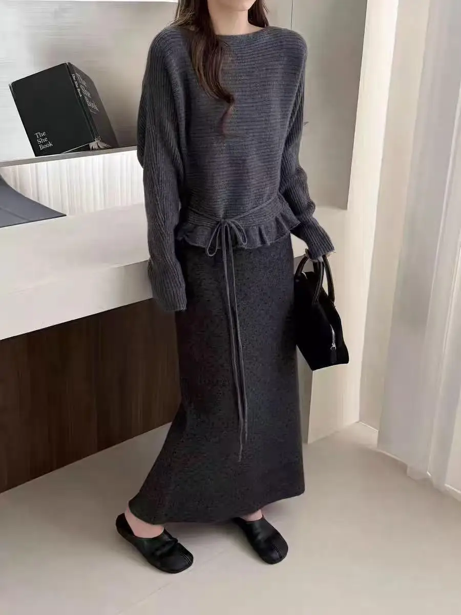 Feminino outono inverno novo estilo coreano macio plissado gravata na cintura de malha versátil camisola topo