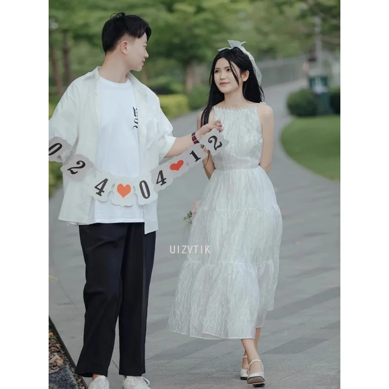 ライトウェディングドレス女性のための気質シンプルな韓国イブニングパーティードレスミディ写真撮影ウェディングドレス Vestidos デノビア