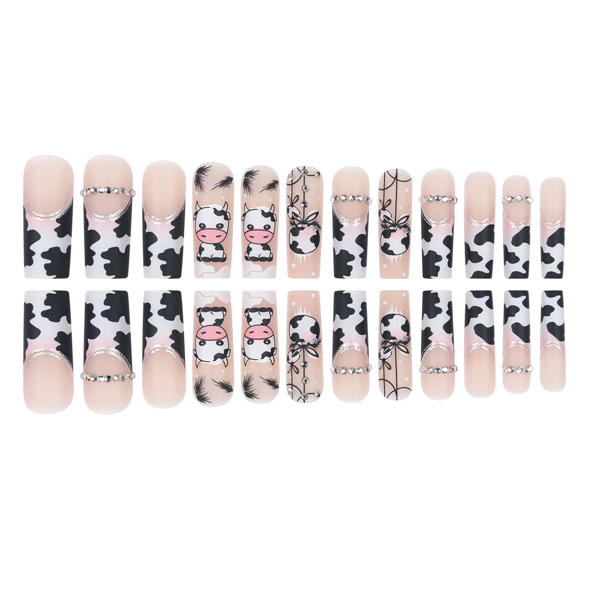 24 Pieces of Long Coffins with Cow Patterns, French Pattern, Diamond Frosted Fake Nails&1 Nail File and 1 Fruit