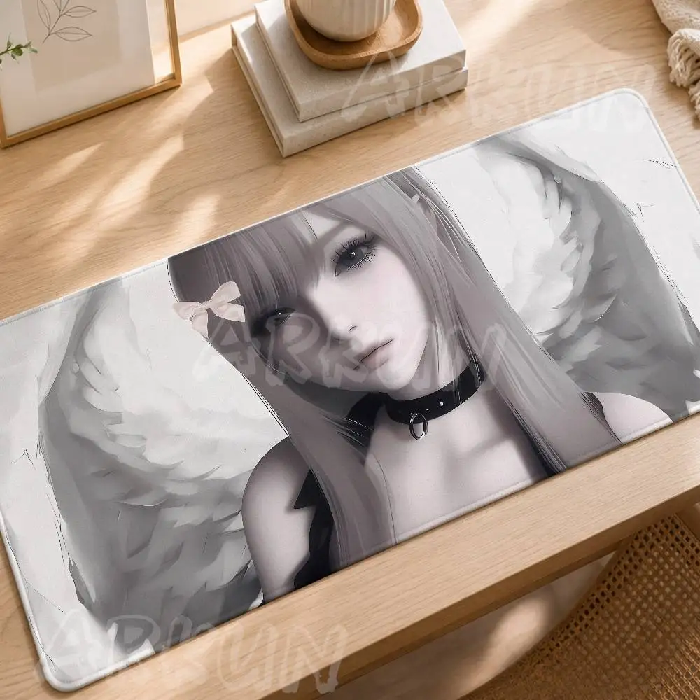 XL Aesthetic Cool Tone Winged Angel Girl Mousepad, Pale Hair White Wings Anime Maiden Wear Resistant Non Slip Gothic Gaming Mat