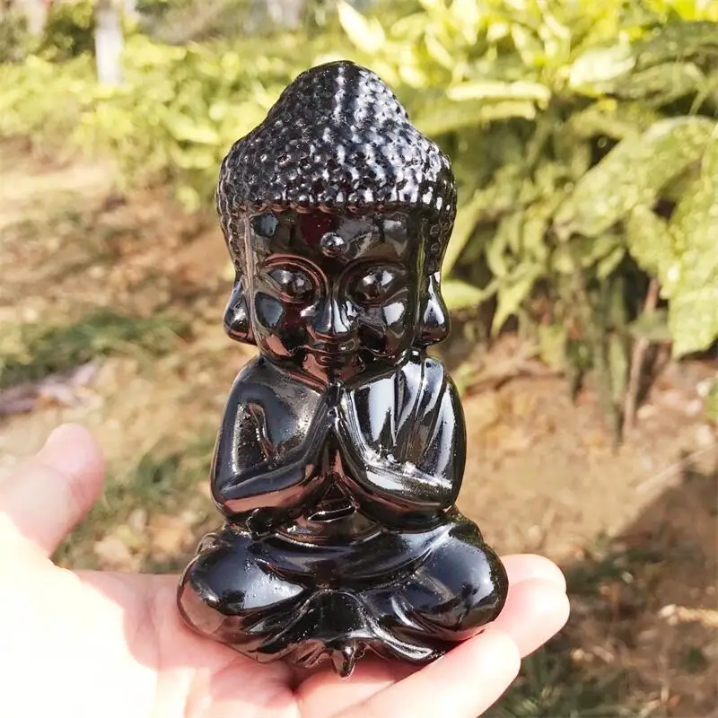 

12CM Natural Black Obsidian Buddha Crystal Healing Carving Figurine Polished Fengshui Gemstones Sculpture Crafts Gift 1pcs