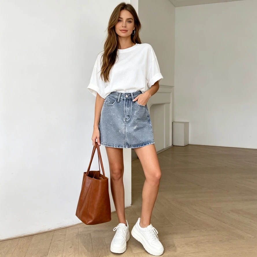 Denim Skirt Women Rhinestone Sexy Mini Sheath Skirts High Waist Washed Female Vintage A Line Streetwear Spring Summer 2026