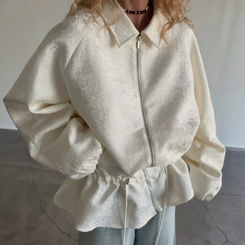 2026 Hot Selling Apricot Textured Jacquard Waist Cinching Short Autumn and Winter Lantern Sleeves Loose Jacket for Women