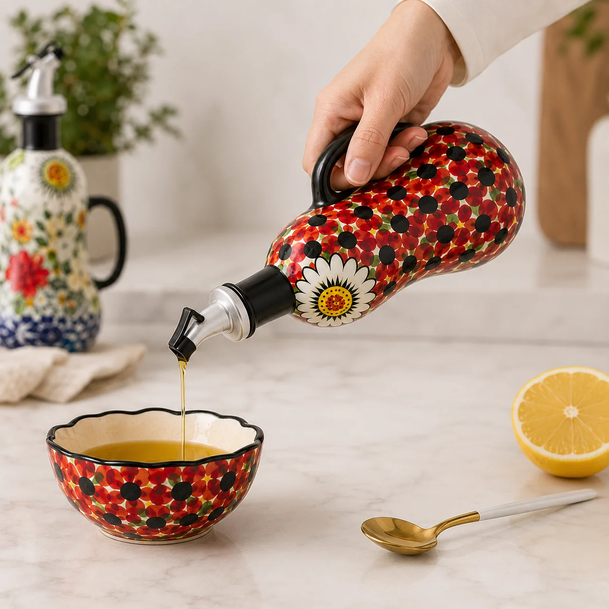 600ml Vintage Floral Ceramic Oil Dispenser Hand Painted Vinegar Bottle with Pour Spout Kitchen Olive Oil Cruet Table Decor