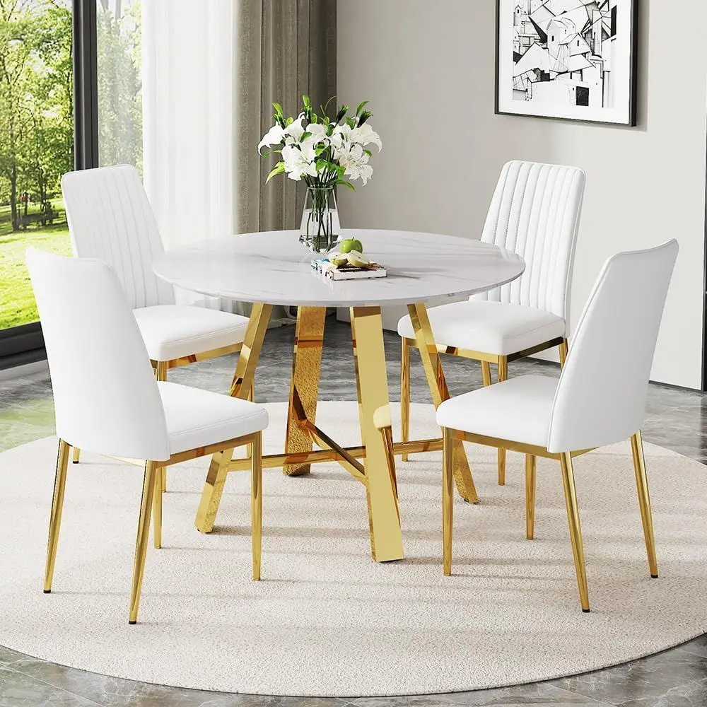 

4-Piece Dining Set with Marble Table and Leather Chairs for Compact Spaces