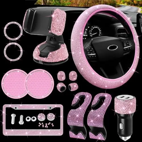 

Набор автомобильных аксессуаров MAIMEIMI Pink Bling для женщин – 14 предметов с декором из страз, включая чехол на руль, держатель и многое другое