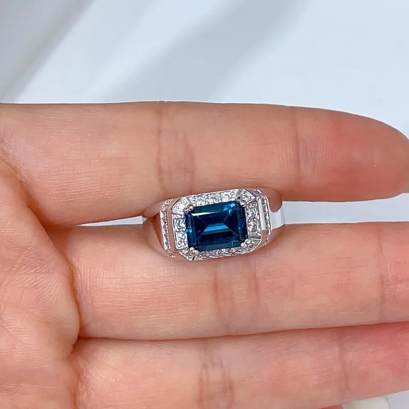 Sacegems Nieuwe Luxe 7*9Mm Natuurlijke Londen Blauwe Topaas Luxe Ring Voor Man 925Sterling Zilveren Bruiloft Verloving Fijne Sieraden Geschenken