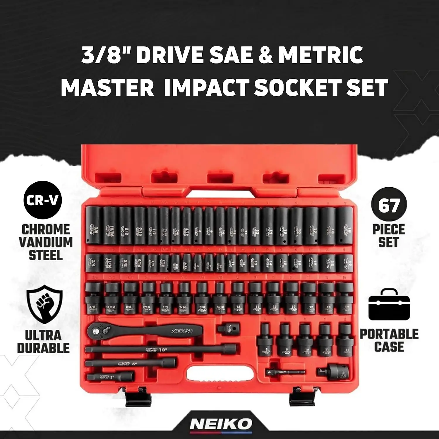 3 8 Drive 67 Piece Impact Socket Set Metric Standard Master Shallow Deep Sockets Ratchet Swivel Extension Bars Adapters Cr V Cr