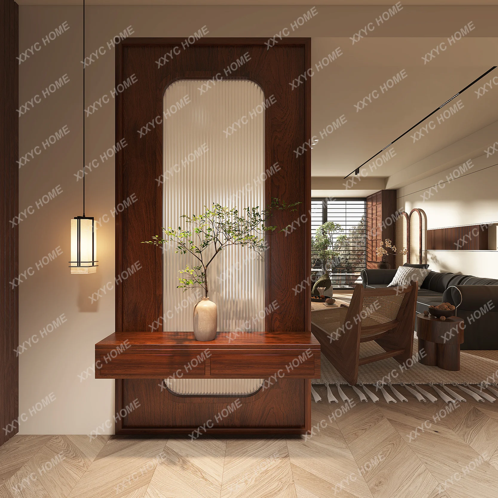 New Chinese-style Changhong glass partition screen living room entrance porch block simple modern solid wood shape shelf