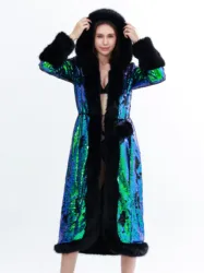 Ladies' Faux Fur Coat Sequin Patchwork Reflective Color-Changing Hooded Coat Winter Windproof Warm Black Plush Edge Shining Coat