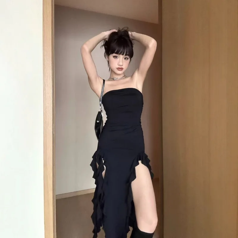 

Lioness American Style Hot Girl Beach Vacation Slimming Sexy Strapless Seaweed Dress Black Slit Flattering Dress