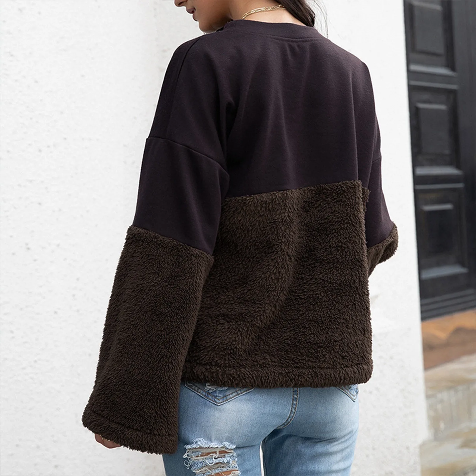 Oversize Patchwork Sweatshirt Solid Color Lamb Hair O-Neck Long Sleeve Women Sweatshirt Korean Fashion Loose Hoodies Streetwear