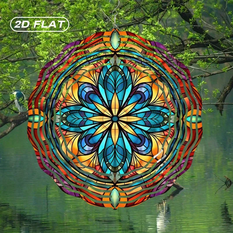 2D Flat Bohemian Mandala Stained Glass Wind Chime - 10 Inch Metal Garden Decor for Patio Indoor Outdoor Christmas Gift