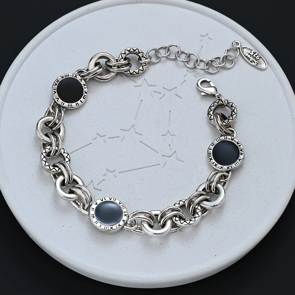 925 Sterling Silver Bracelets for Women Men String Accessories Retro Black Stone Pendant Party Jewelry Gift