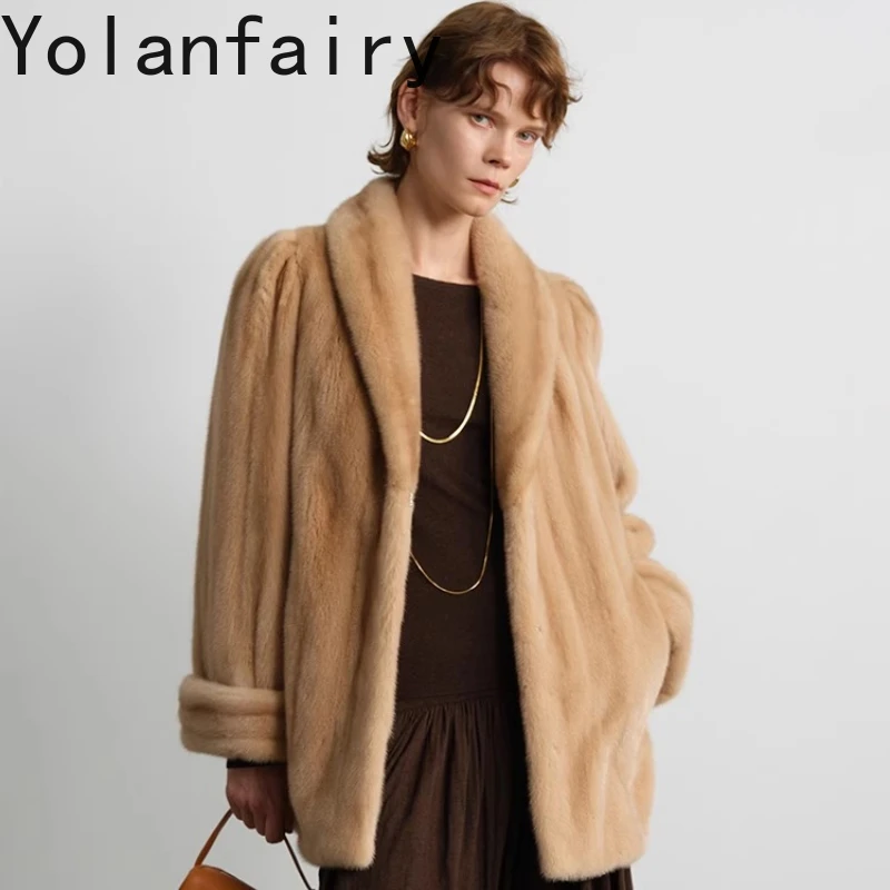 

YOLANFAIRY зимняя импортная женская шуба из норки с закатанными рукавами, шуба средней длины, свободная посадка, ropa mujer шуба 2025