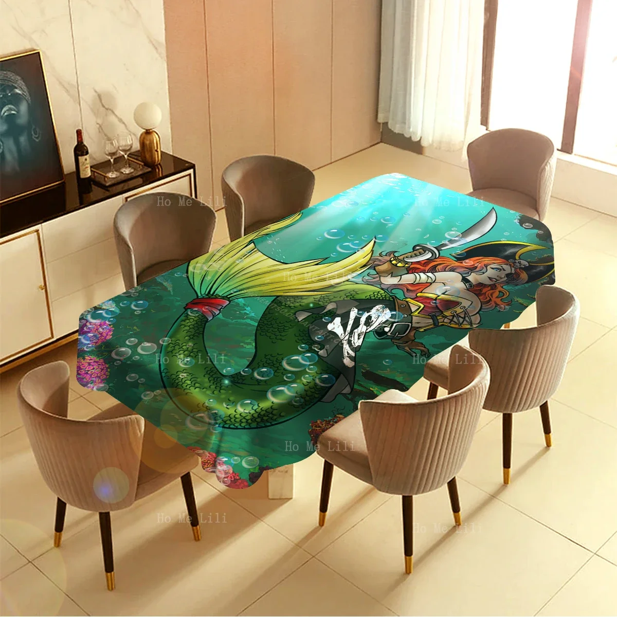 Special Commission Pirate Mermaid Green Tail Wearing Hat Holding Knife Ocean Bubble Coral Rectangle Table Cloths By Ho Me Lili