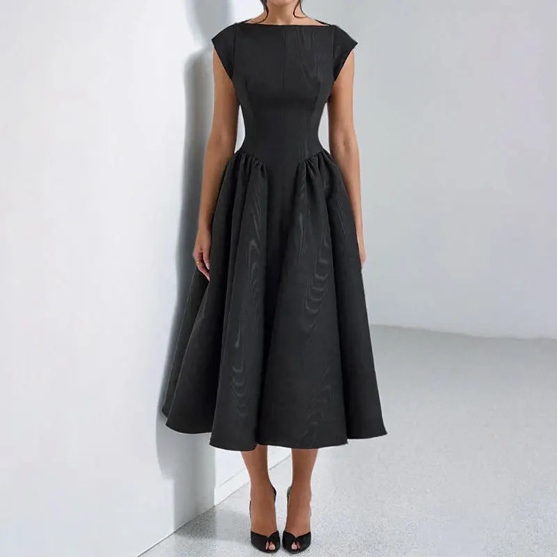 Frühling europäische und amerikanische Damenbekleidung, elegantes, sexy, rückenfreies, modisches, schmal geschnittenes, ärmelloses, einfarbiges Kleid mit Rundhalsausschnitt