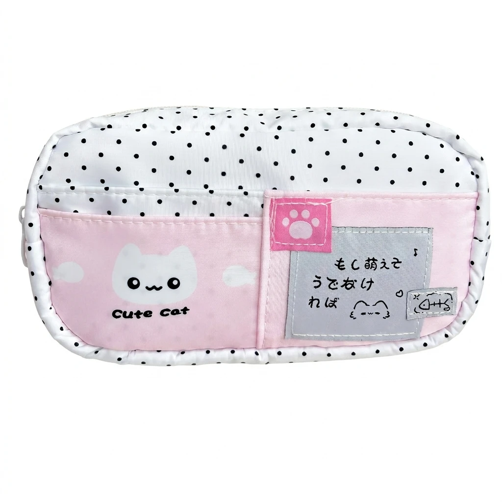 Federmäppchen mit Katzenmuster und blauem Polka-Dot-Design, Federtasche für Schüler, Schulbedarf, mehrschichtige Stifttasche mit großem Fassungsvermögen