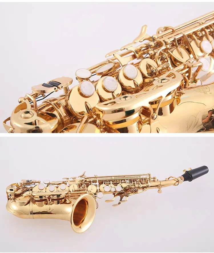 Golden B-key professional curved soprano saxophone brass gold-plated shell button SAX professional-grade tone instrument