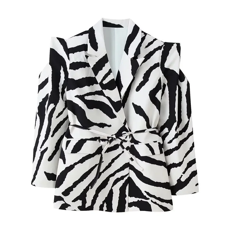 

Dave&Di European And American Style Women's Clothing Fashion Temperament Elegant Zebra Pattern Waist Cinched Lace Up Suit Jacket