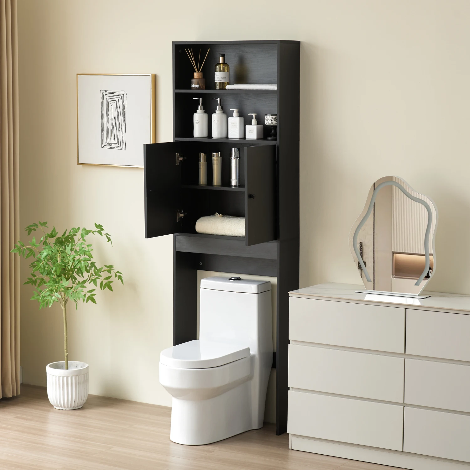 

Over The Toilet Storage Cabinet, Farmhouse Storage Cabinet Over Toilet with 2 Barn Door & Toilet Paper Holder Stand,Home Space-S