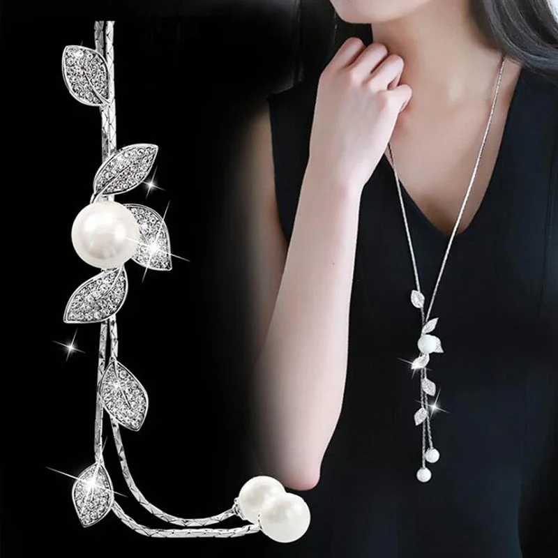 

Simulated Pearl Crystal Leaf Necklaces for Women Silver Color Chain Long Necklace Pendant Jewelry Accessories Trendy 2024