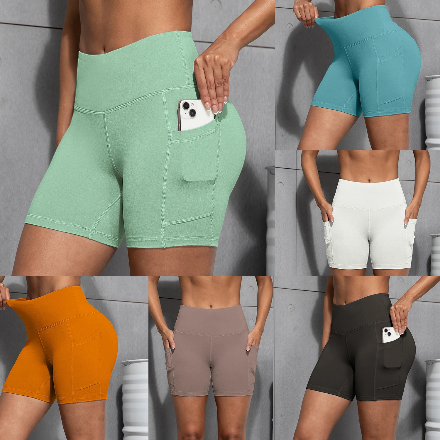 女性のポケットソリッドカラーショーツハイウエストヒップリフティングレギンスカジュアルヨガワークアウトレギンス
