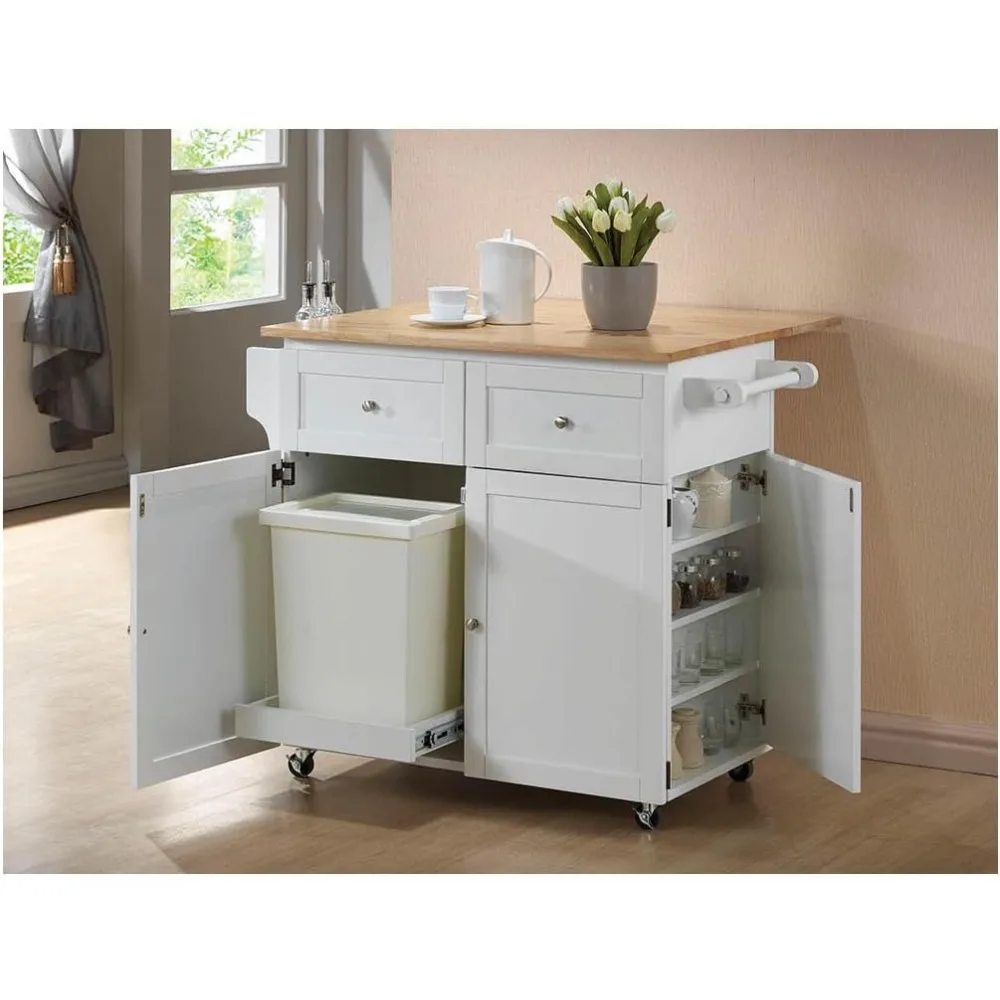 Furniture Kitchen Cart with Leaf Trash Compartment and Spice Rack Natural Brown and White