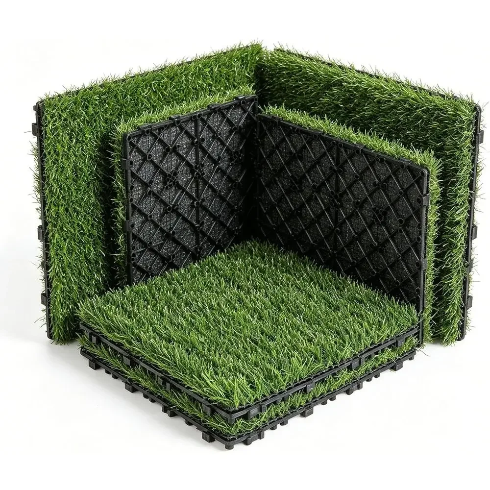 Interlocking Artificial Grass Tiles for Outdoor Decks, Balconies, and Gardens with Drainage Holes - 9 Piece Set