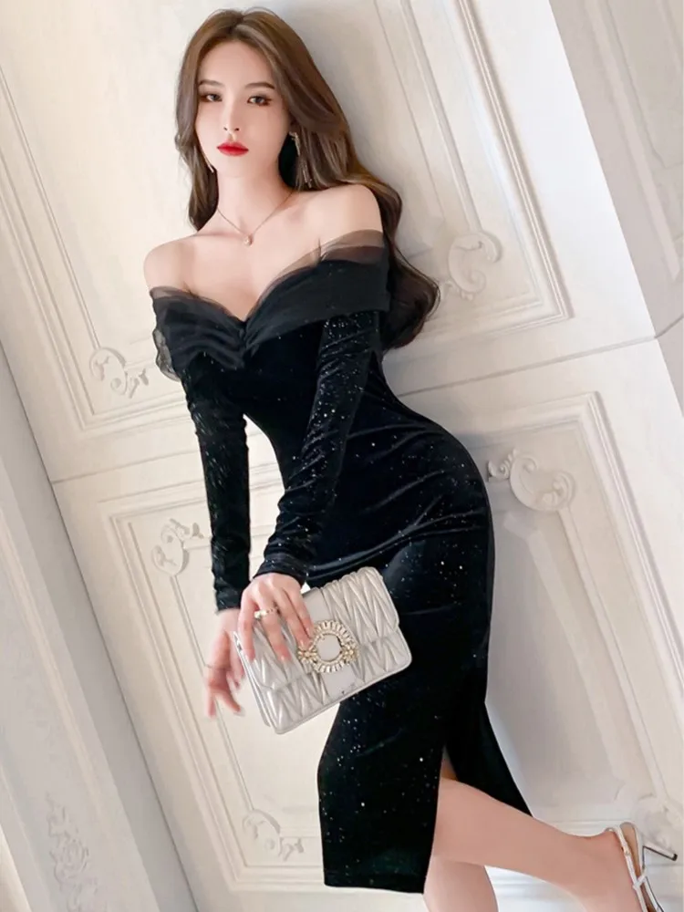 Elegant Sequins Velvet Midi Dress Office Lady Off Shoulder Black Bodycon Evening Vestidos Spring Autumn Female Formal Clothes