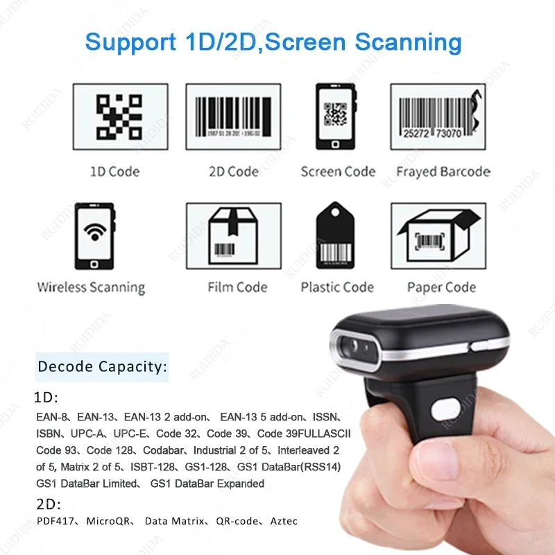 QR Code 1D/2D Ring Scanner Wearable Scanner Finger Barcode Reader Bluetooth Barcode Scanner Portable Bar code Scanner PDF Code