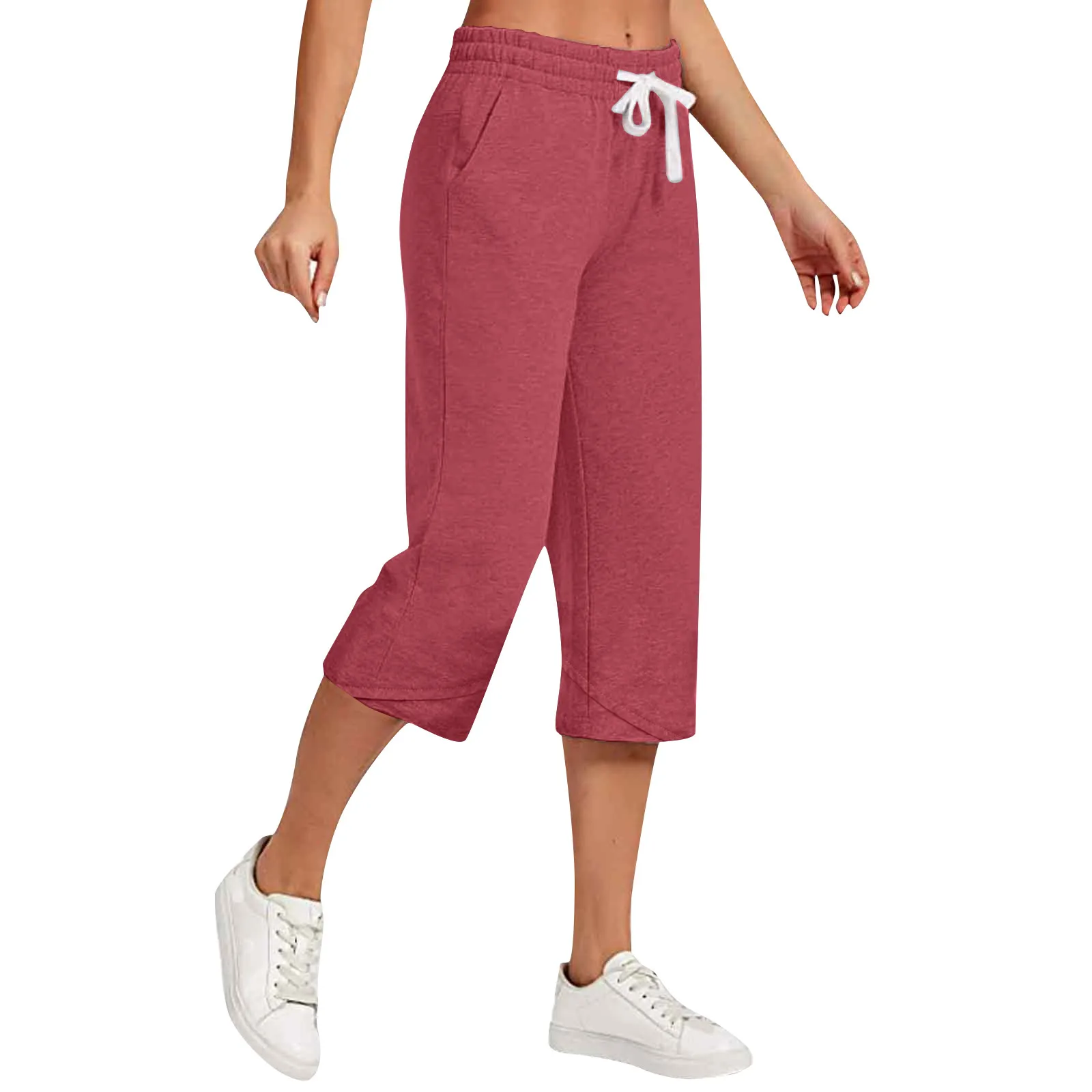 

Women Pants Summer Ladies Cropped Pants With Pockets Casual Solid Color Drawstring Sports Pants Shorts For Female