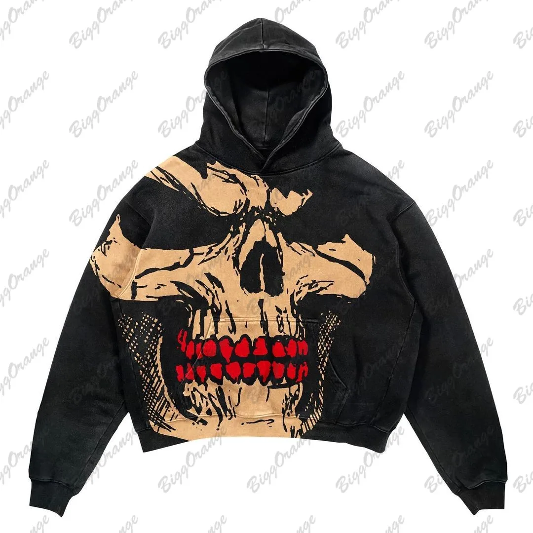 Y2K New Dark Oversize hoodie Skull Print High Street Hip-hop Retro Design Coat Thickened Top sudaderas para mujer  harajuku