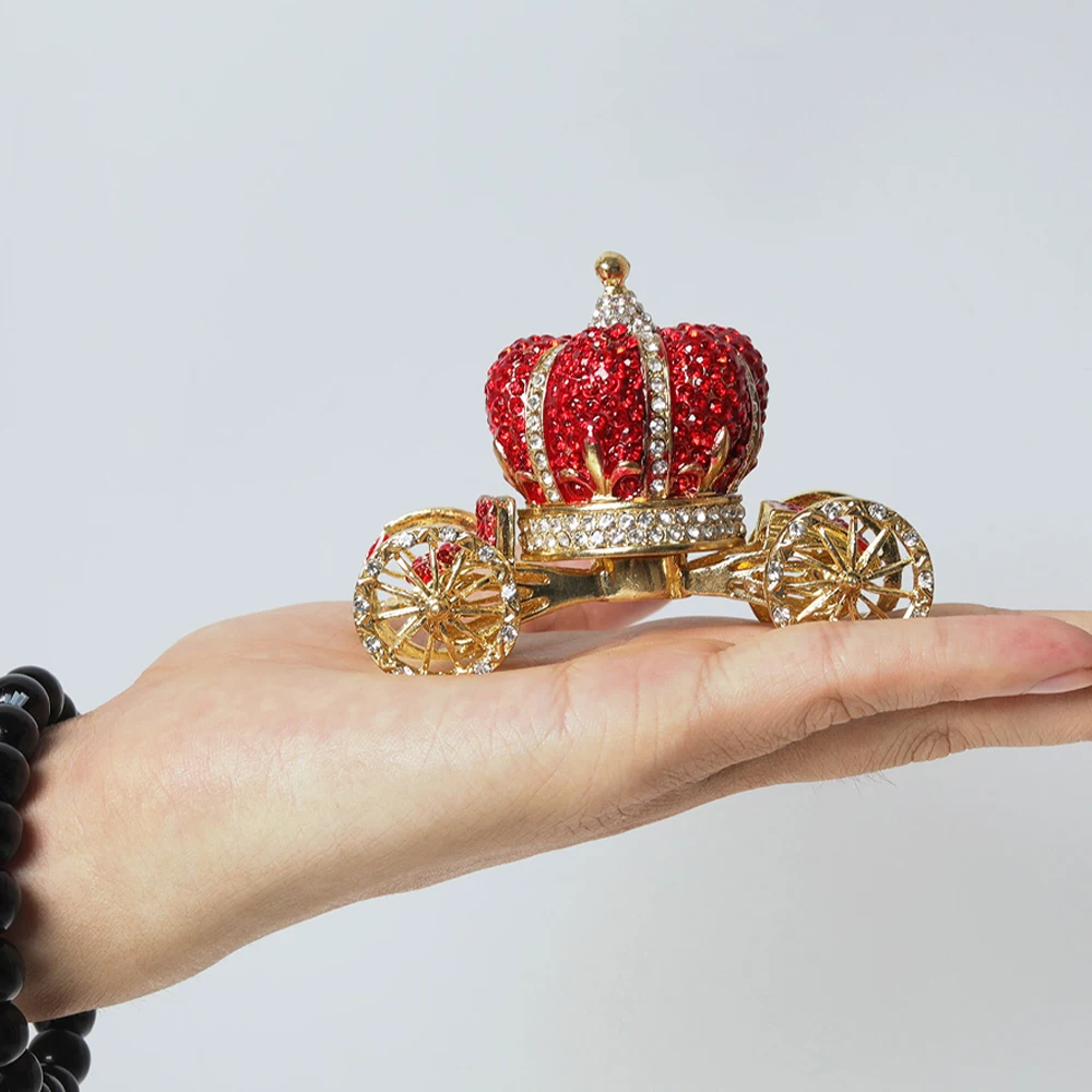 التاج الأحمر سيارة حلية صندوق متمحور حجر الراين مرصع بالجواهر الملونة خاتم من المينا صندوق قابل للفتح الزخرفية يتوقف عرض المجوهرات حامل #5