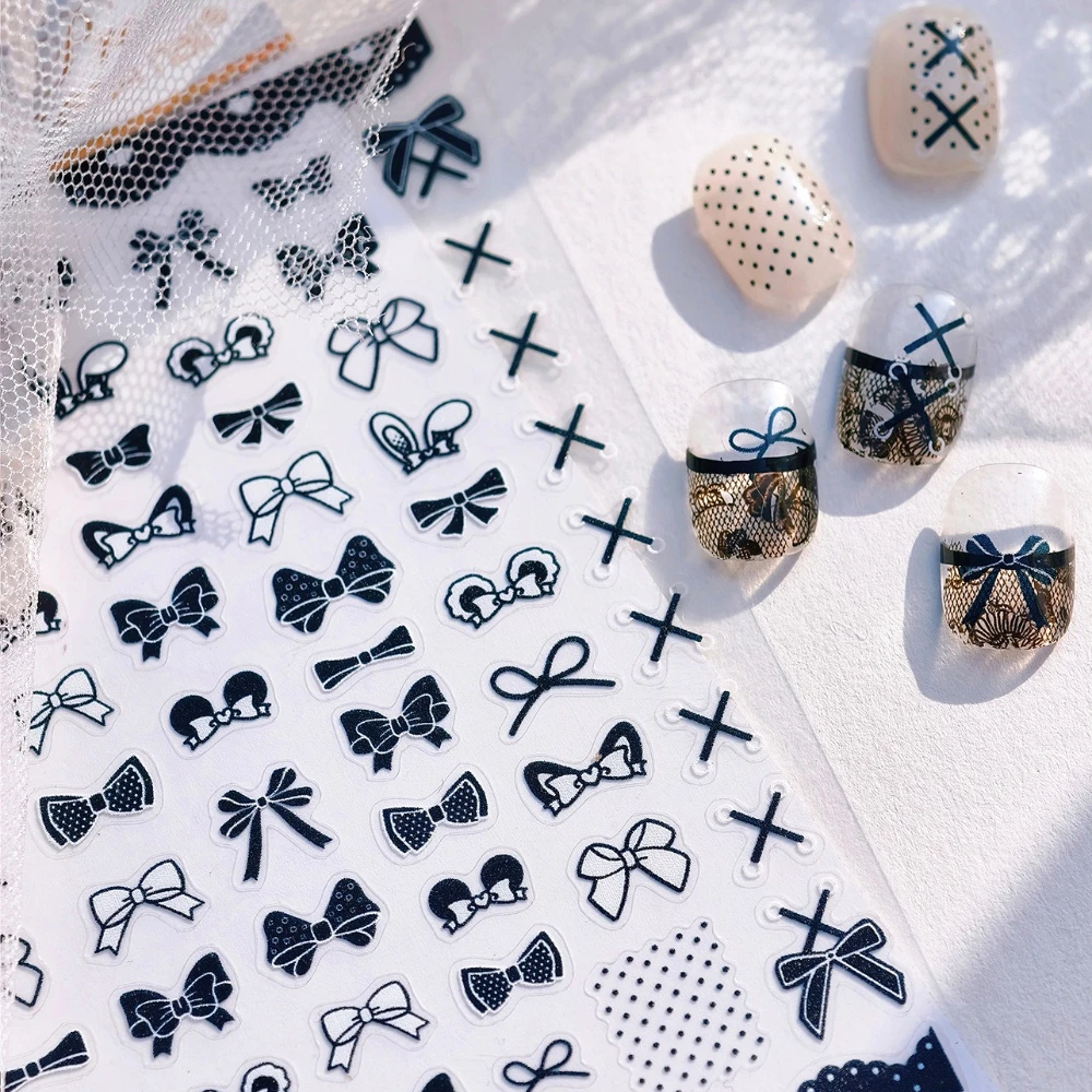 

Black Ribbon Bowknot Lace Edge Cross Straps Rabbit Ears 3D Self Adhesive Nail Art Stickers Dark Style Manicure Decals Wholesale