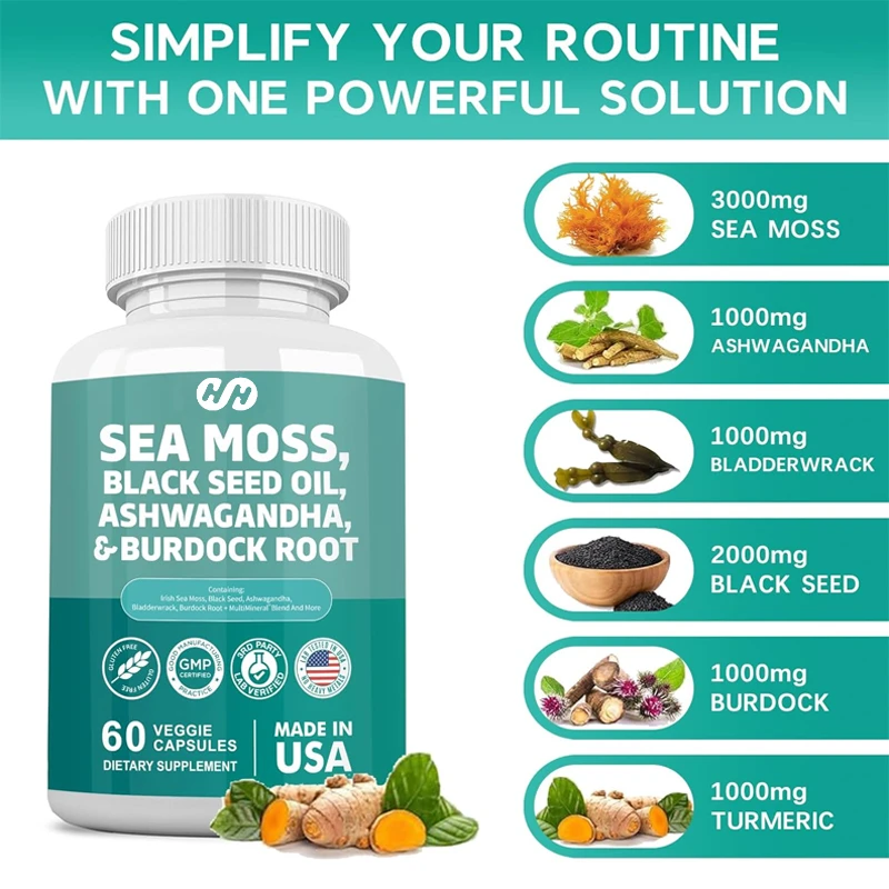 60 Cápsulas 7000mg Algas Marinas 4000mg Aceite de Semilla Negra 2000mg Ashwagandha Raíz de Bardana Raíz de Anémona Marina Vitamina C Curcumina